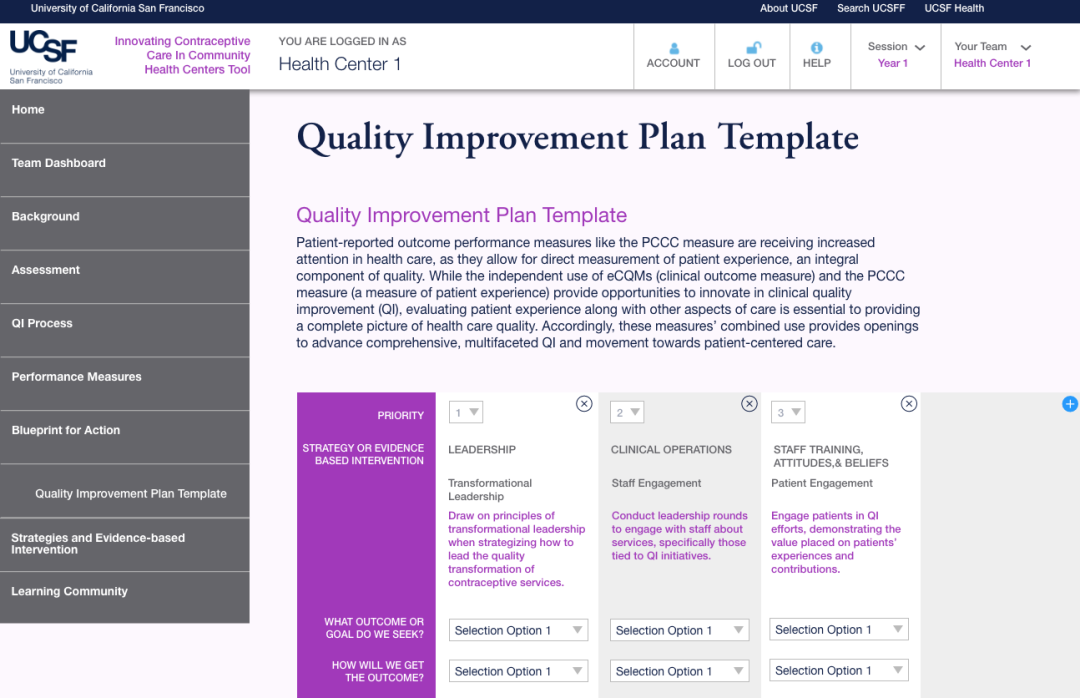 Screenshot. Quality Improvement Plan Template screen of the Innovating Contraceptive Care in Community Health Center Tool.